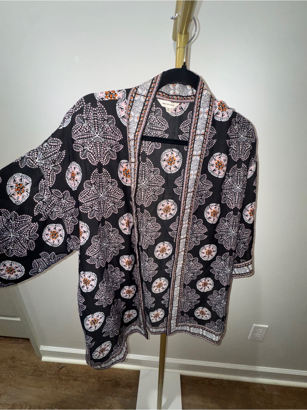 Max Studio Black Medallion-Print Casual Button Down Shirt